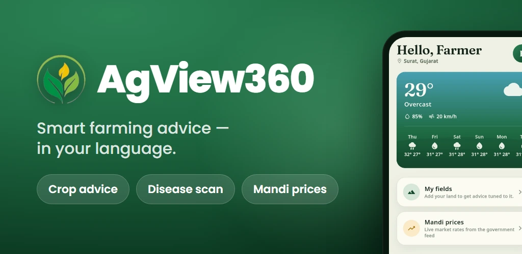 The AgView360 cover: the logo and wordmark on green, the line "Smart farming advice — in your language", and the farmer app open beside it.